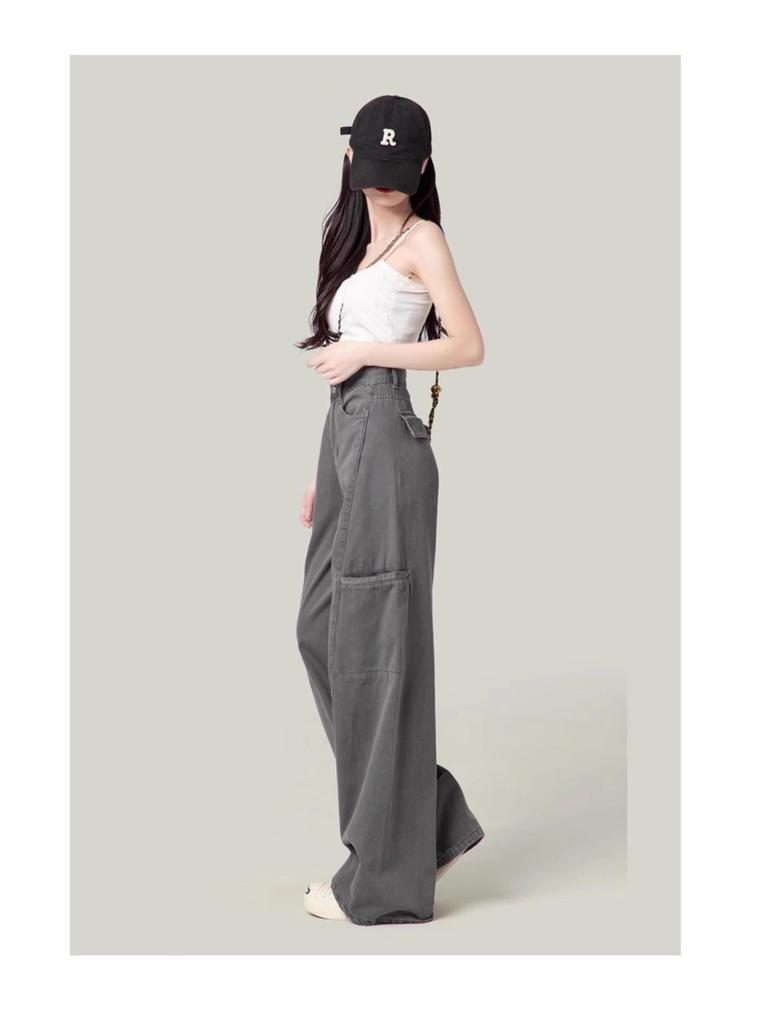 Women's Gray Wide-Leg Cargo Pants, Retro High-Waisted Slimming Jeans for Spring/Autumn 2025