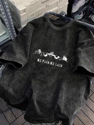 Summer Mens Vintage  Cotton TShirt with Washed Black Print NO PAIN NO GAIN Pattern Casual Daily Comfortable Loose Fit