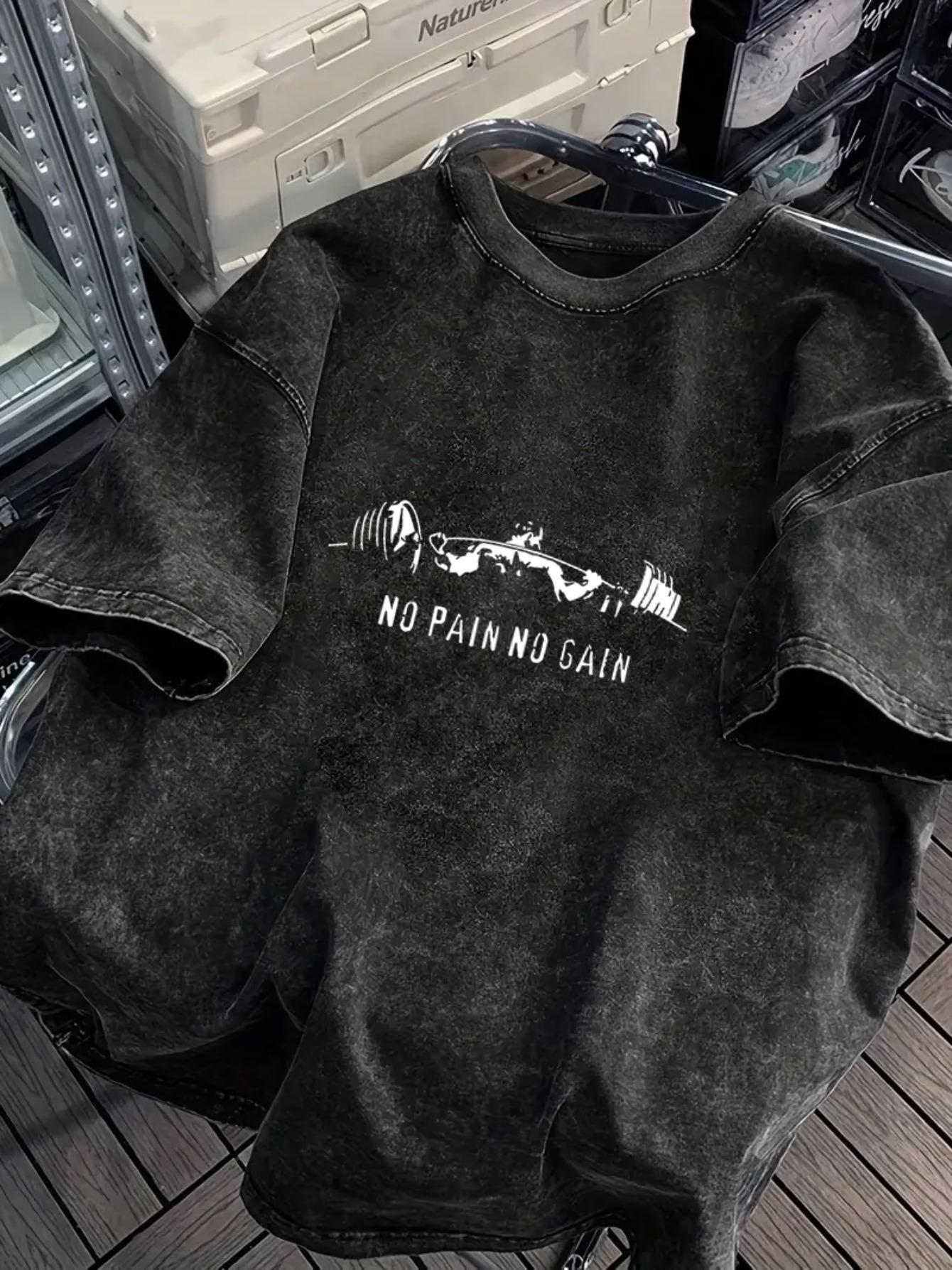 

Summer Mens Vintage Cotton TShirt with Washed Black Print NO PAIN NO GAIN Pattern Casual Daily Comfortable Loose Fit S
