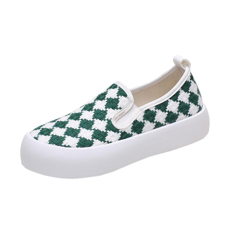 Vintage Platform Canvas Shoes Women's Plaid Woven Single Shoes Lazy Muffin
