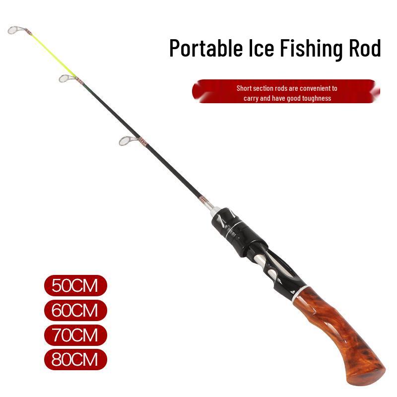 Wood Grain Portable Ice Fishing Rod with Curved Handle and Soft/Hard Tips