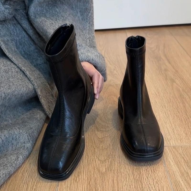 Autumn Winter Cosy Soft Leather Women Ankle Boots Fashion Square Toe Shoes Modern Stretch Slim Short Botas Para Mujer