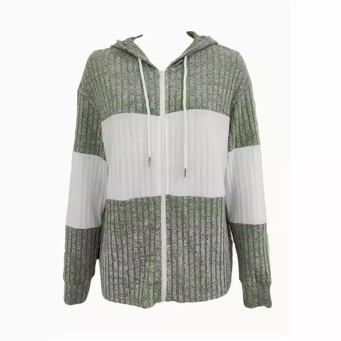 Women's Olive Green Ribbed Zip Hoodie, White Contrast Stripe, Drawstring Hood