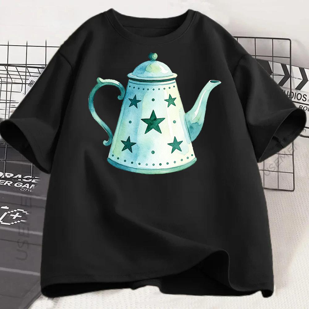 Watercolor Teapot Graphic T Shirt Women Cute Star Tea Pot Print Tee Kawaii Aesthetic Short Sleeve Casual Loose Top Goth