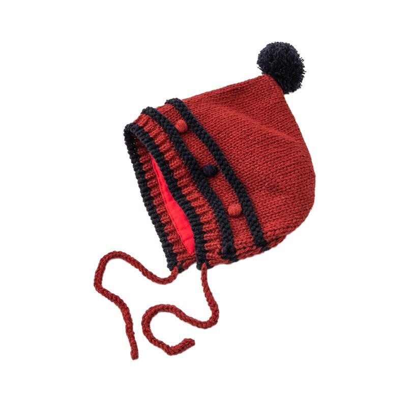 Koreanischer Winter-Streifen-Kinderhut mit Ohrenschutz & Bommel – Gestrickte Woll-Baby-Pullovermütze für Mädchen
