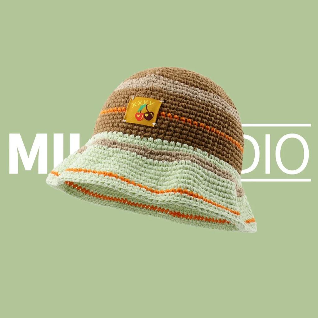Cute Dopamine Wind Japanese Handmade Crochet Knitted Bucket Hat Rainbow Rhombus Plaid Wool Bucket Winter Basin Hat Bucket Hat