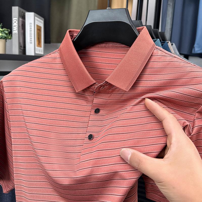 Summer Top Striped Lapel Collar T-Shirt Casual Comfortable Versatile Men s T M