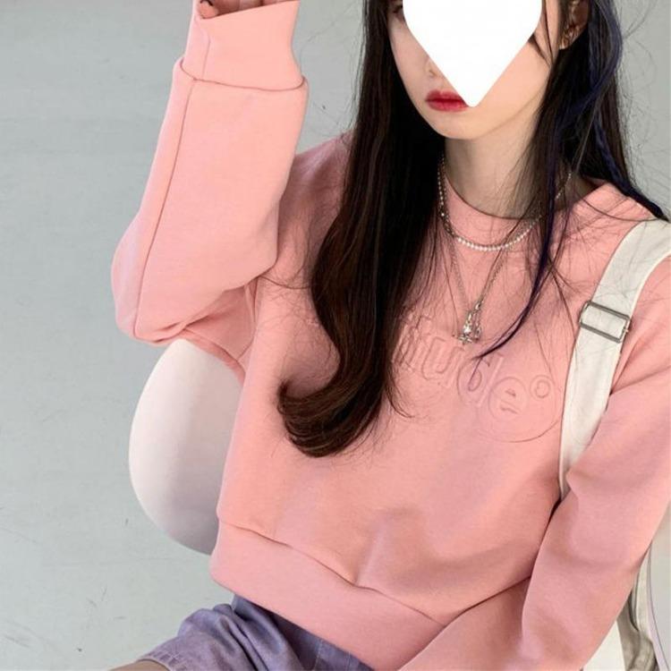 High Waist Women Sweatshirt Short Long Sleeve Solid Color Top