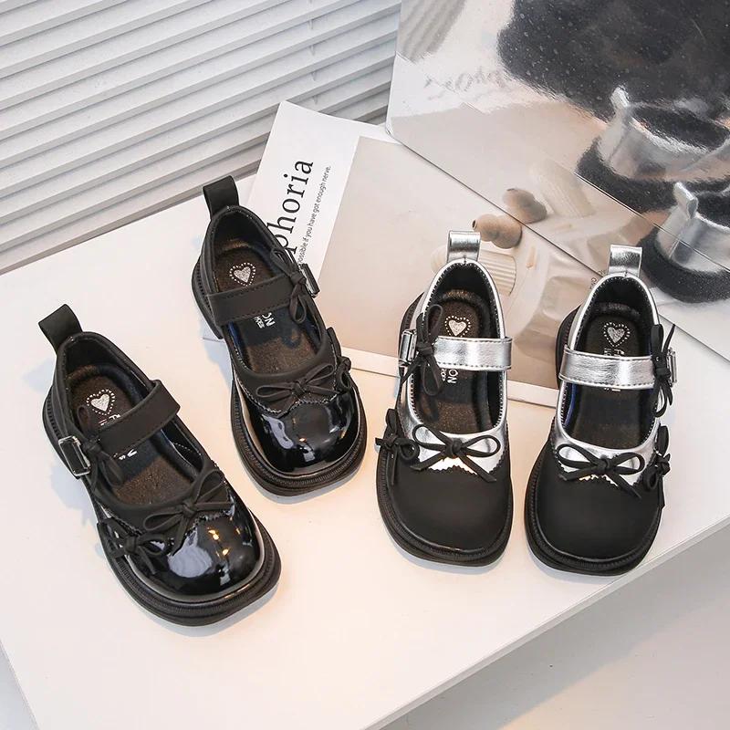 Girls Leather Shoes Black Sweet Bows Kids Performance Shoes Non-slip 2025 New Fashion Children MaryJanes Dance Shoes Hook&loop