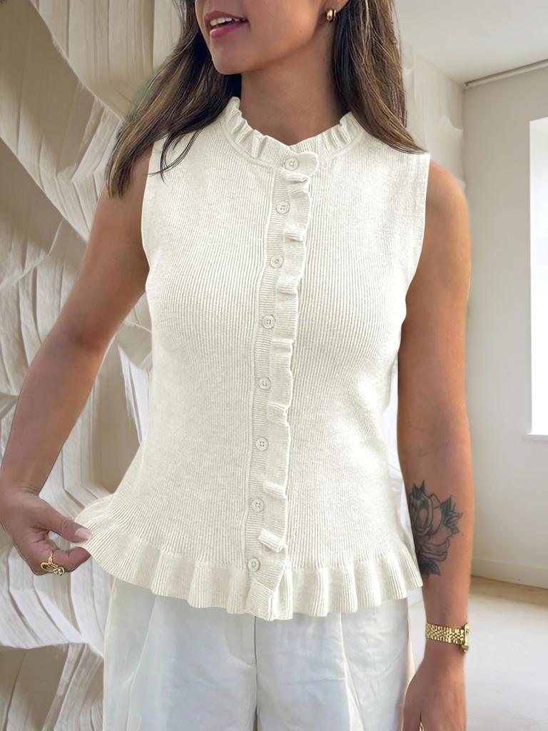 Women's Sleeveless Sweater Vest Ruffle Button Down Knit Tank Top
