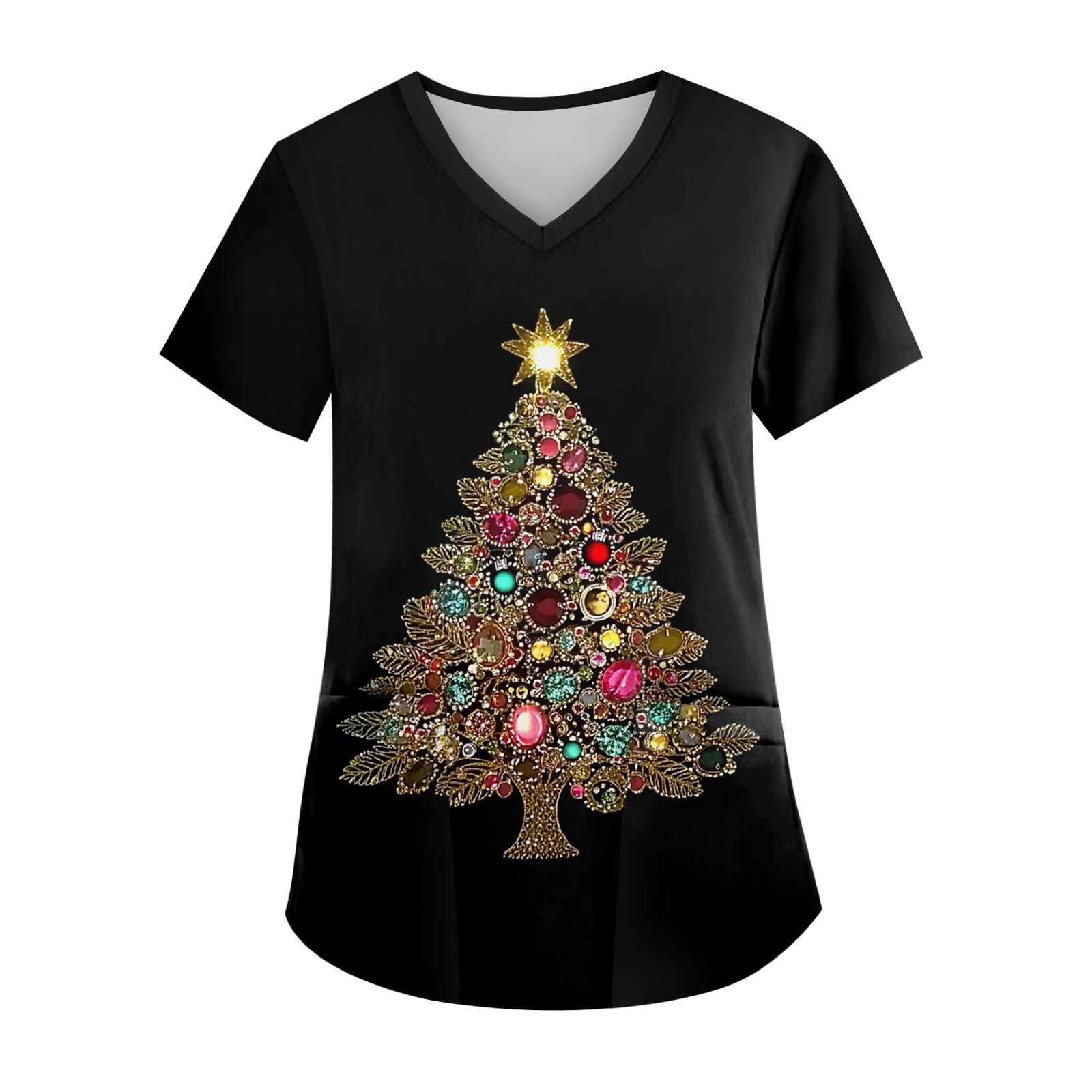 

Women s V-neck Christmas Print Short-sleeved Pocket Side Slit Uniform Top L чёрный
