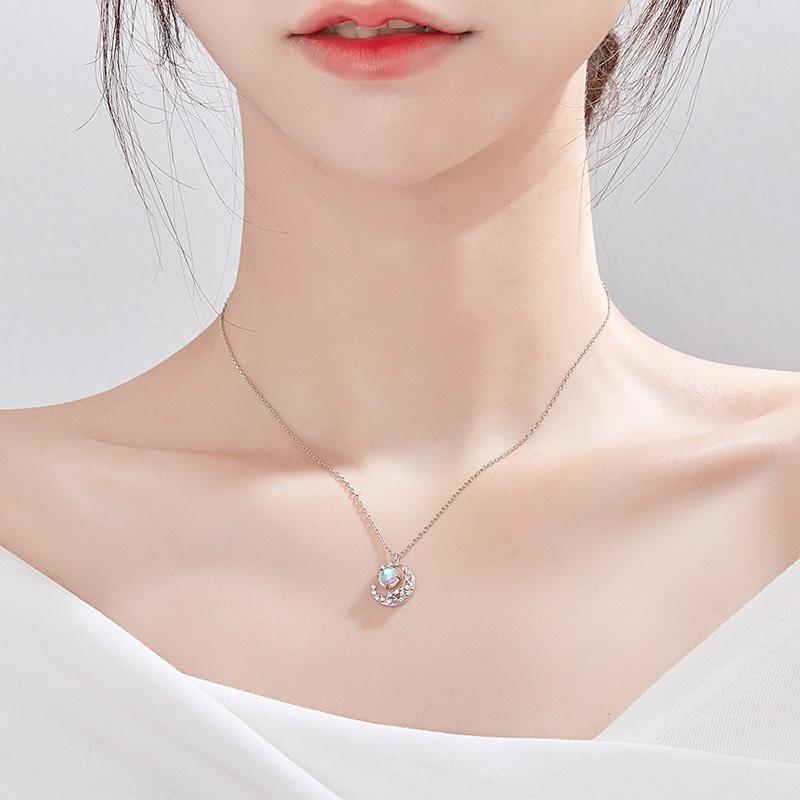Original 925 Sterling Silver Crystal Moon Opal Round Bead Charm Necklace For Women Kolye Choker Collares para mujer Wedding Gift