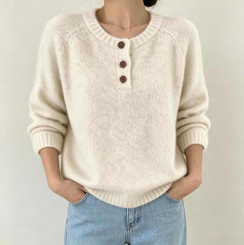 V-neck Solid Color Button Sweater for Women - 2026 Autumn/Winter Loose Knit Casual Pullover.