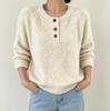 V-neck Solid Color Button Sweater for Women - 2026 Autumn/Winter Loose Knit Casual Pullover.