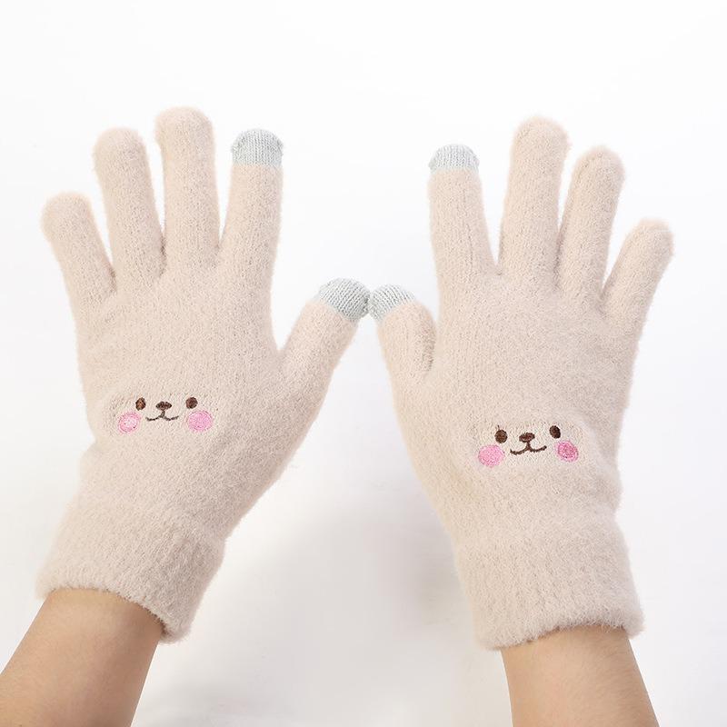 Winter Gloves Winter Warm Cute Lady Smiley Face Plush Thickened Knitted Wool Plush Gloves