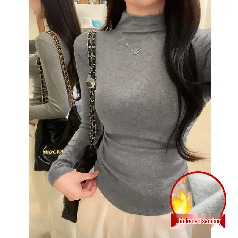 Women s Autumn/Winter Slim-Fit Pleated Waist Half-High Collar Velvet Base Layer Shirt Extra Large