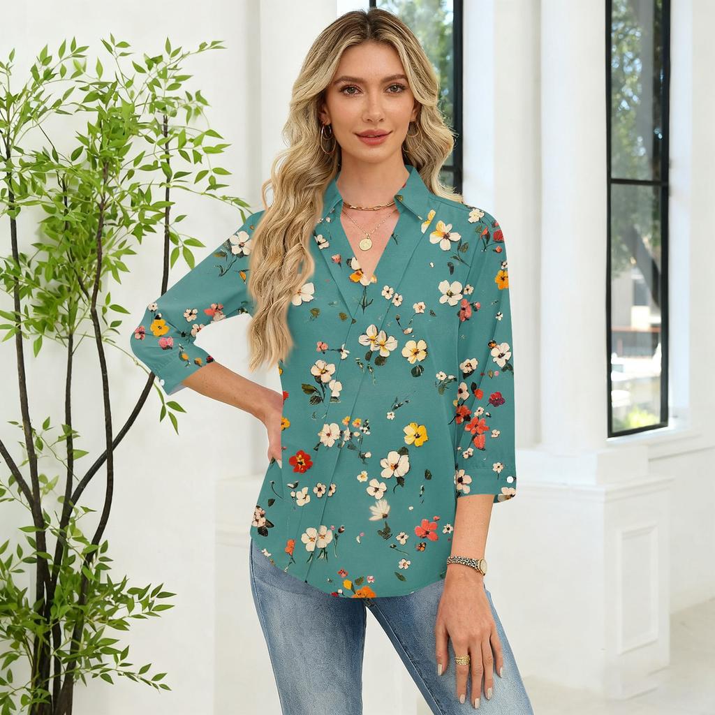 3/4-Ärmel Damenoberteile V-Ausschnitt Shirts Trendy Bedruckte Business Casual Arbeitsblusen