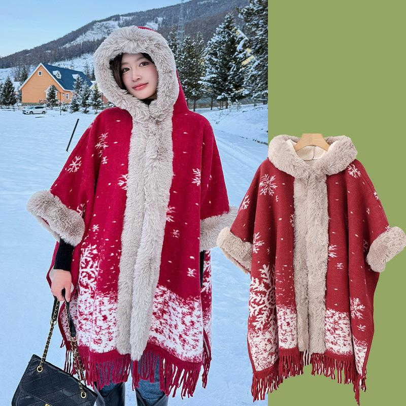 Tassel Thickened Fleece Plaid Shawl Cloak Retro Imitation Rex Rabbit Hair Collar Hooded Jacket Cloak