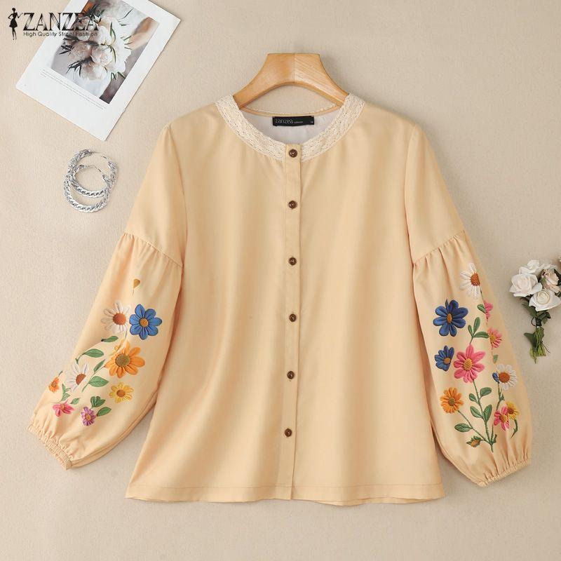 ZANZEA Women Casual Round Neck Loose Floral Print Long Sleeve Blouse