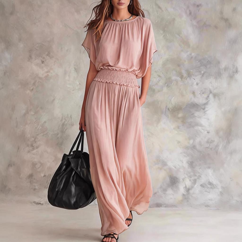 2026 new summer European and American chiffon waist collection elegant exquisite long dress