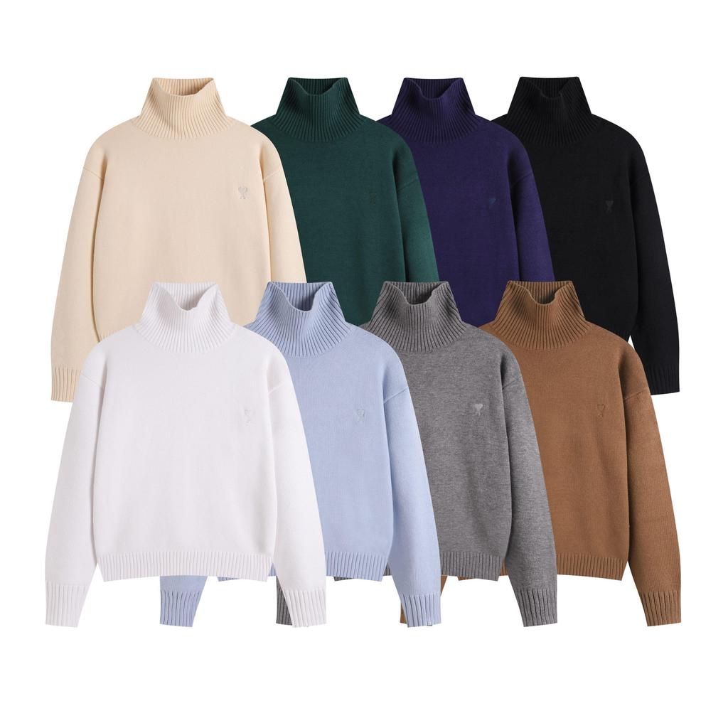 AMI 2025 Classic Couple's High Neck Same Color Flat Embroidered Small Heart Woolen Sweater