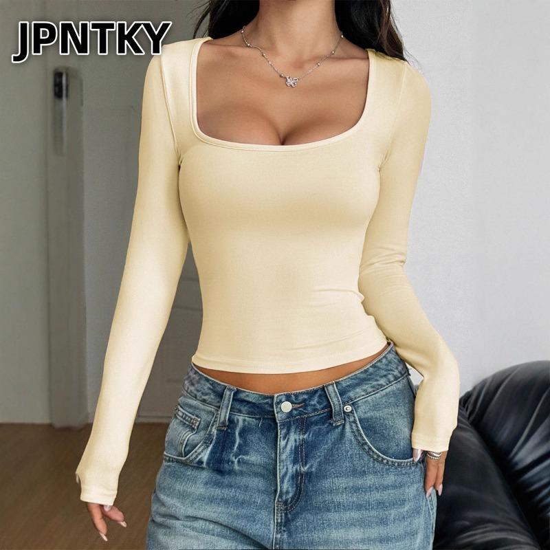 JPNTKY Women's Fashion Casual Solid Color Print Long Sleeve U-Neck Blouses & Shirts
