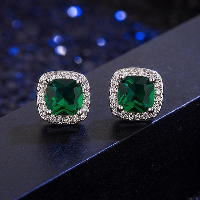2026 Emerald Stud Earrings Women's Square Diamond-encrusted Zircon Emerald Earrings Simple Fashion Jewelry