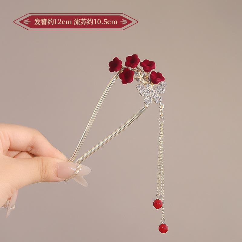 Vintage Chinese Style Rose Hairpin For Women Red Flower Element Tassel Hair Stick Elegant Exquisite Handmade Hair Accessories