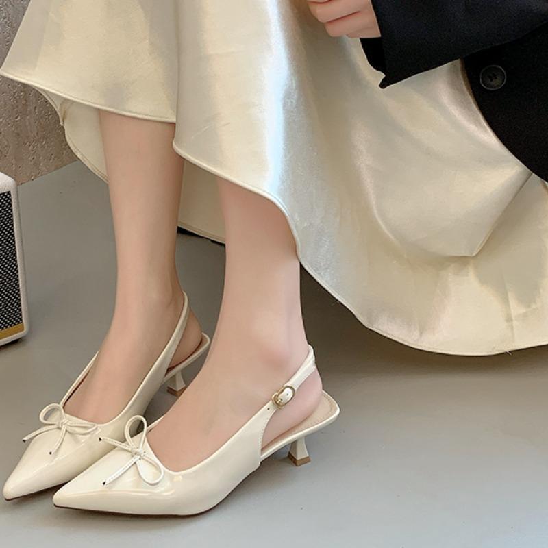 Fashion Low Heel Baotou Sandals Summer New Pointed Head Shallow Mouth Butterfly Knot Metal Buckle Non-slip Wear-resistant Heel Shoes