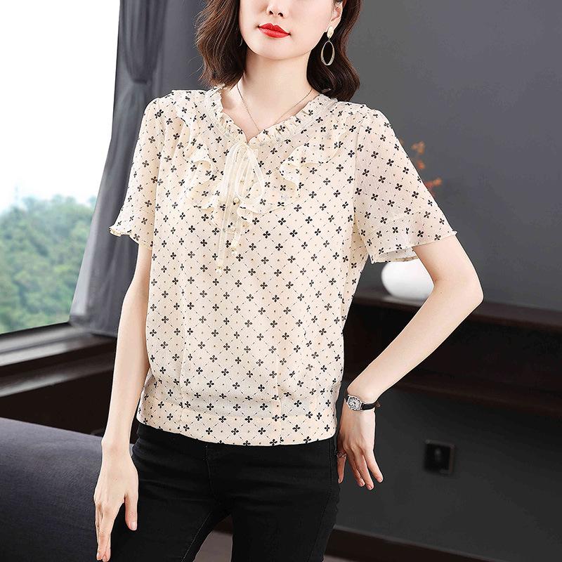 2023 Women's Plus Size Chiffon Blouse: Short Sleeve, Round Neck, Fashionable Printed Summer Top for Mom