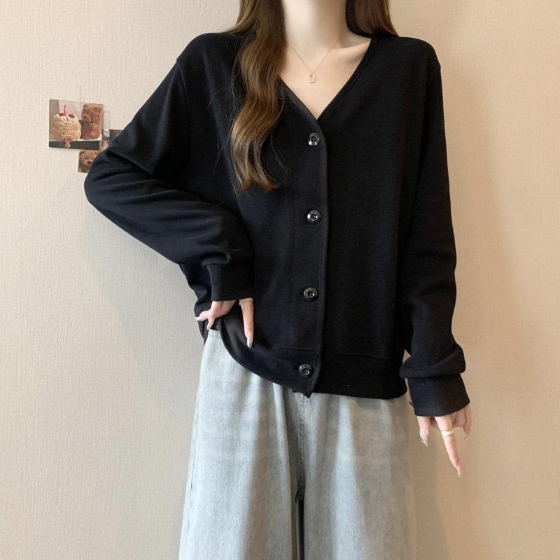 The Real Shot of the New Collar Sweater Women's Thin Loose Solid Color Single-breasted Cardigan Top Short Coat