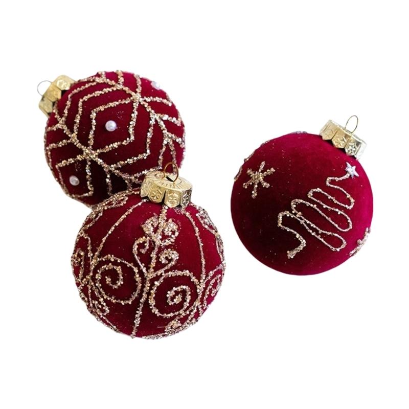 

3Pcs Elegant Christmas Tree Baubles with Glitters and Pearls Festival Hanging Ornament Daily Use Home Accessory