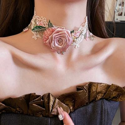 Textured Lace Flower Choker Exquisite Sweet Fabric Choker Elegant Rose Choker Necklace  Women