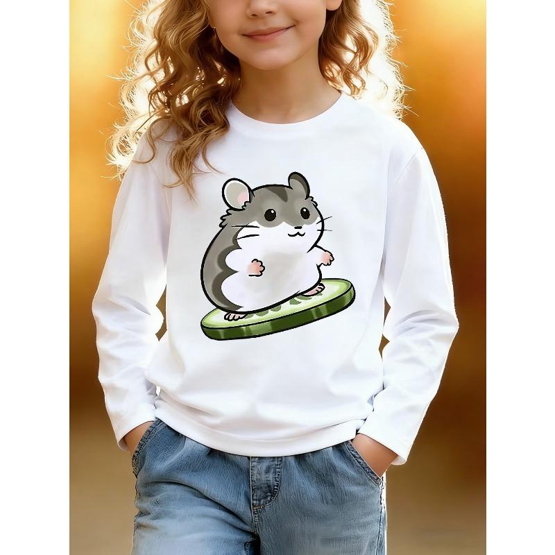 European sizes Kids Athletic Cartoon Print Round Neck Top, Cartoon Hamster Print Round Neck Kids Long Sleeve T-Shirt, Cartoon Character 110 белый