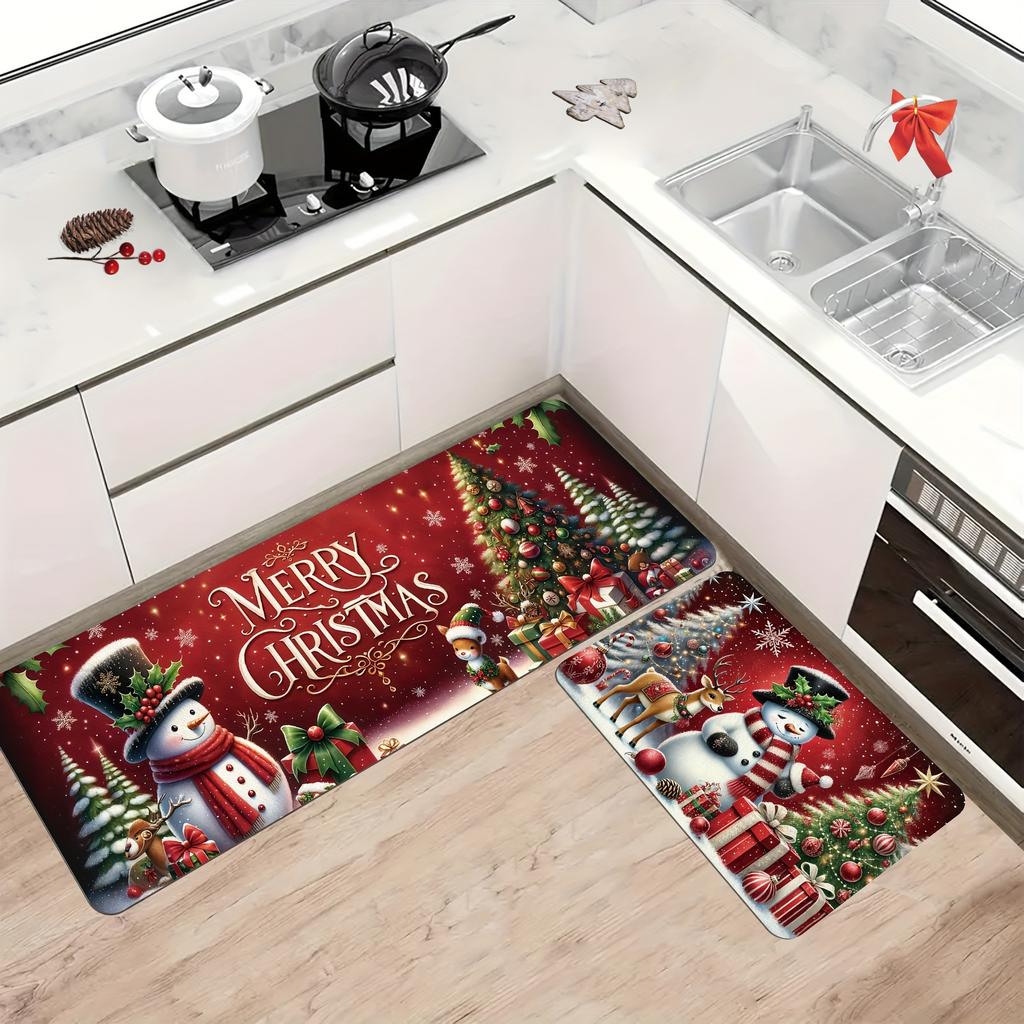 2Pcs Anti Fatigue Kitchen Rugs Christmas  Waterproof Non-Slip Thick Cushioned Kitchen Mat Heavy Duty Comfort Standing Mat for Kitchen