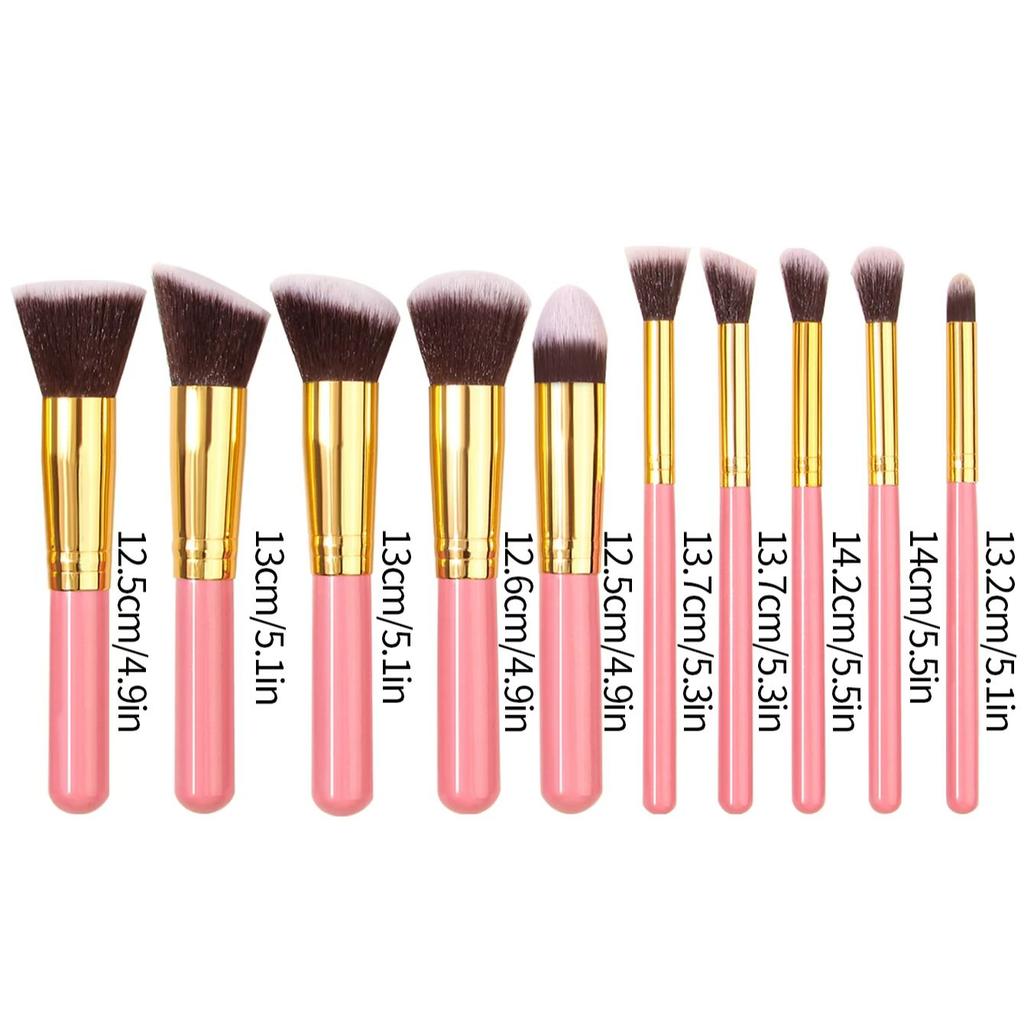 10Pcs pink wooden-handled makeup brush set, including foundation brush, blush brush, eyeshadow brush and highlight brush