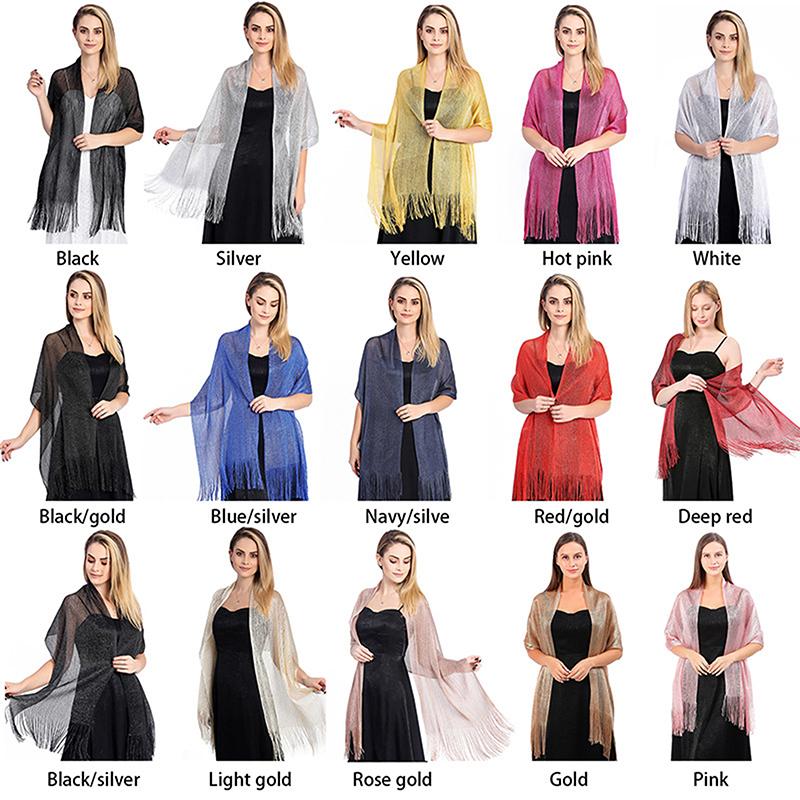 Sparkling Metallic Scarf Women Evening Dress Shawl Tassel Gold Silver Shiny Party Shawls Bridal Bridesmaid Wedding Boleros Wraps