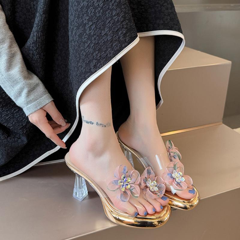 Fashion Luxury Crystal High Heels Slippers Designer Flower Shallow Shoes Summer New Sandals Pumps 2025 Brand Chunky Zapatillas De Mujer