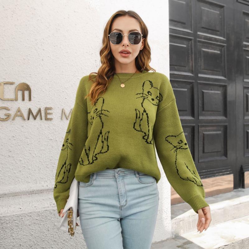 Women Loose Long Sleeve Cat Jacquard Knit Sweater