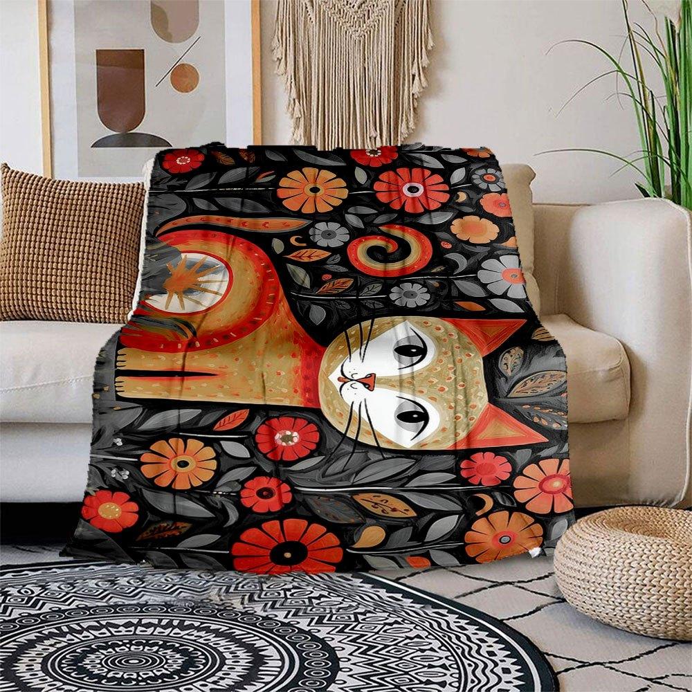 

Whimsical Floral Cat Wall Art Print - Vibrant Home Decor Blanket Flannel Throw Blanket for Sofa, Bed, Travel, Camping, Office, Couch, Chair 150x180cm