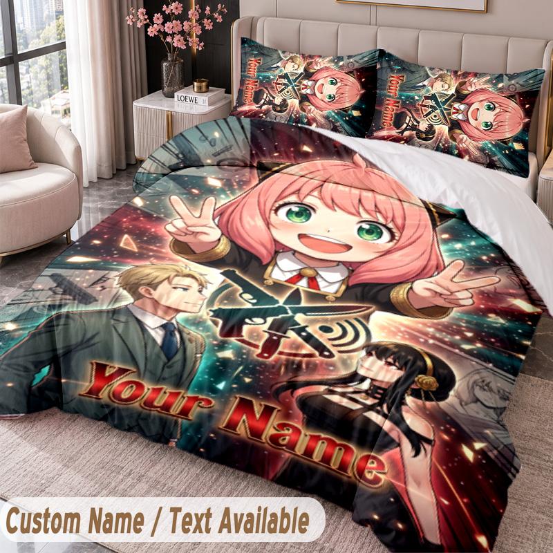 Custom Name Text 3Pcs Bedding Set Spy × Family Duvet Cover And Two Pillowcases