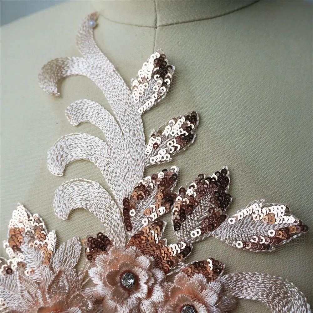 3D Flowers Wedding Gown Appliques Rhinestone Lace Appliques Appliques Embroidery Sew Patch