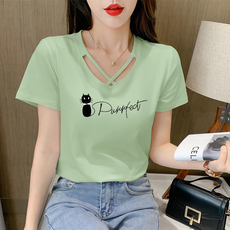 2025 Women's Korean Style V-Neck Short-Sleeve Solid Color T-Shirt