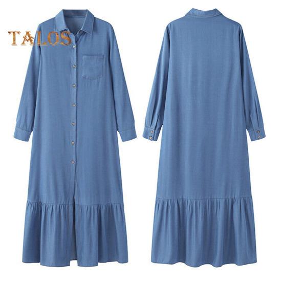 Rochie maxi pentru femei Guler răsturnat cu mânecă lungă Cardigan cu un singur piept, largi, de culoare uni, cu volane, tiv fluid, călătorie, primăvară vară