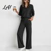 Pullover Sweatpants Set Women Sweatshirt Pants 2-Piece Set V-Neck Long Sleeve Top & Wide Lounge Sets Leg Trousers with Elastic Waist Solid