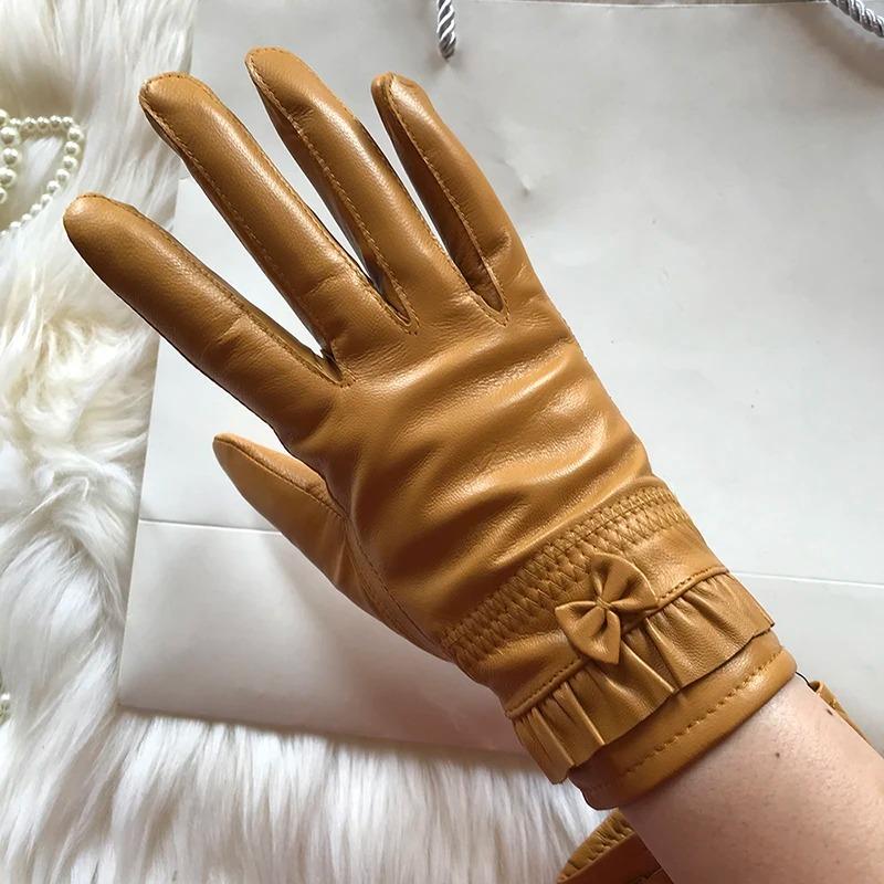 

Женские перчатки из натуральной кожи, бархатные, осенне-зимние, теплые перчатки, короткие перчатки из овчины с кружевом и пуговицами