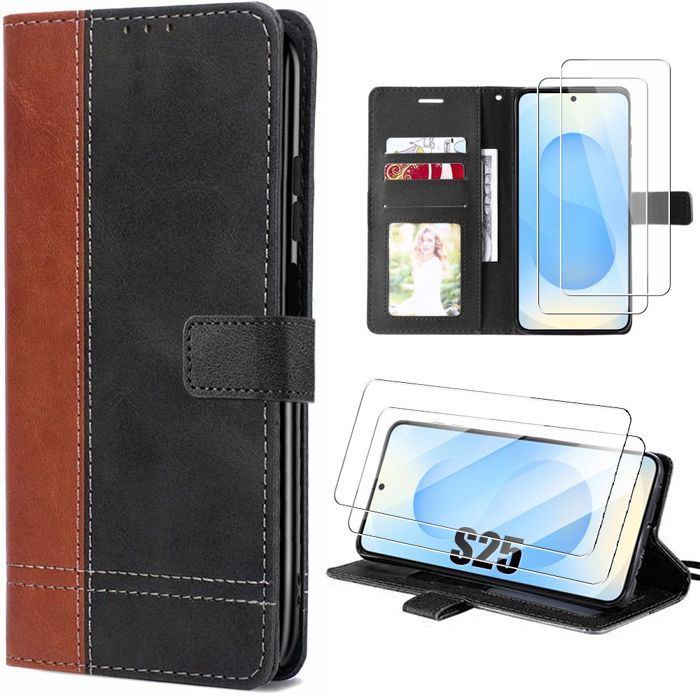 Coque de protection - BOOLING - pour Samsung Galaxy S25 - Cuir PU Bicolore - 2 Verres Trempés - Antichoc