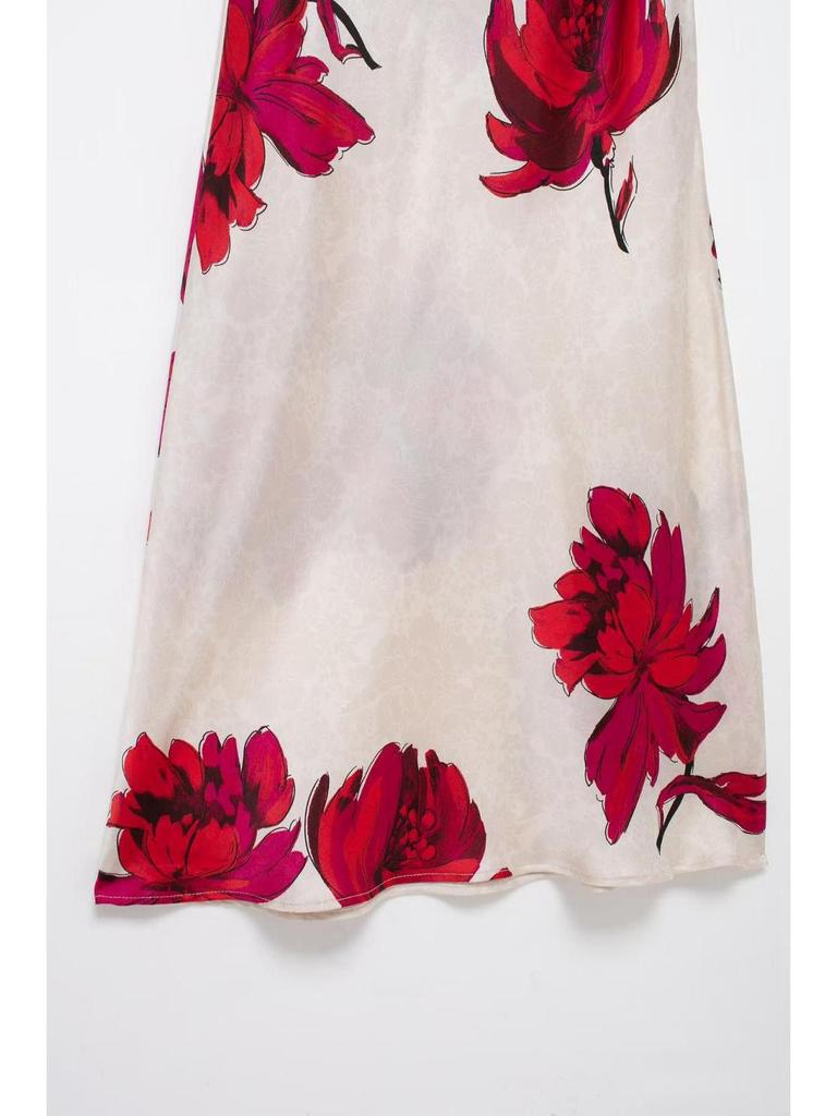 Summer European & American Women's Silk Satin Print Midi Dress