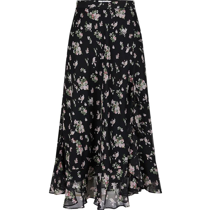 JIUZI Anacole Bohemian Ruffle Chiffon Floral A-line Skirt XL