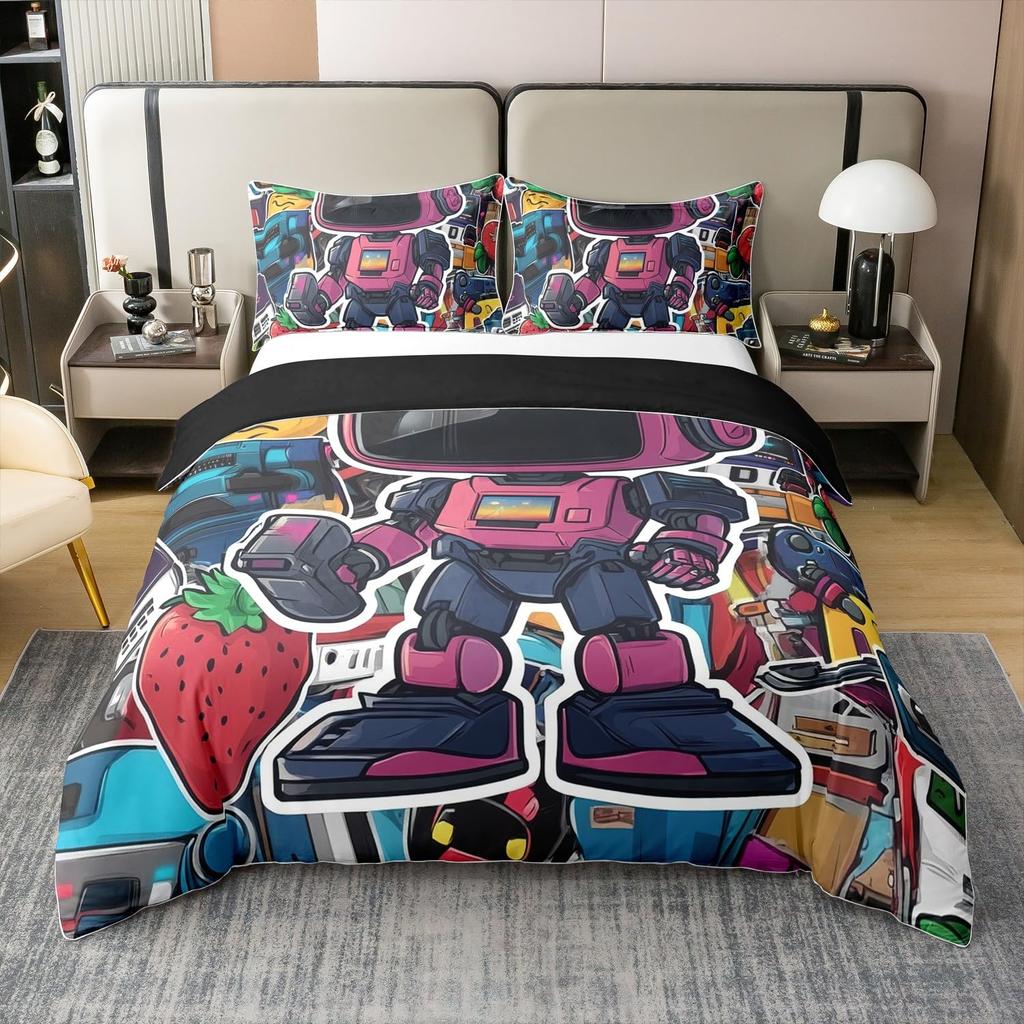 Robot Duvet Cover Sets for Kids Boys Girls Queen Size Lightweight Down Quilt Covers 2 Pillowcases 1 Comforter Cover No Comforter